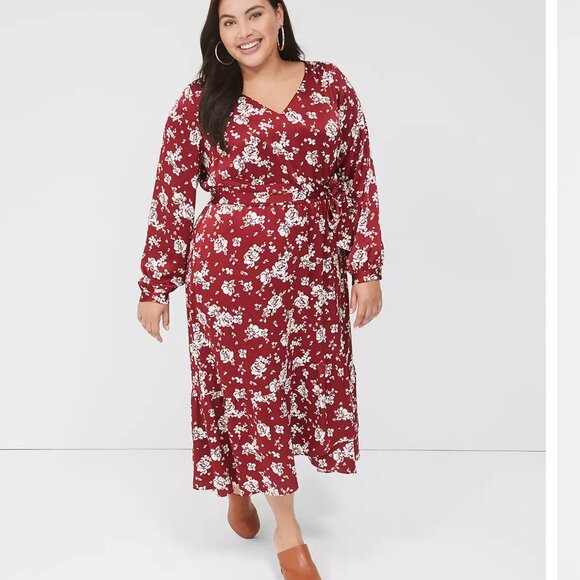 Lane Bryant18 NWT Dark Red Floral Textured Satin Long-Sleeve Midi Dress - Picture 1 of 6